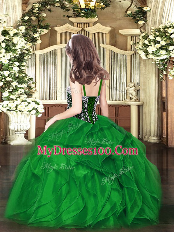 Floor Length Dark Green Little Girls Pageant Gowns Organza Sleeveless Beading and Ruffles