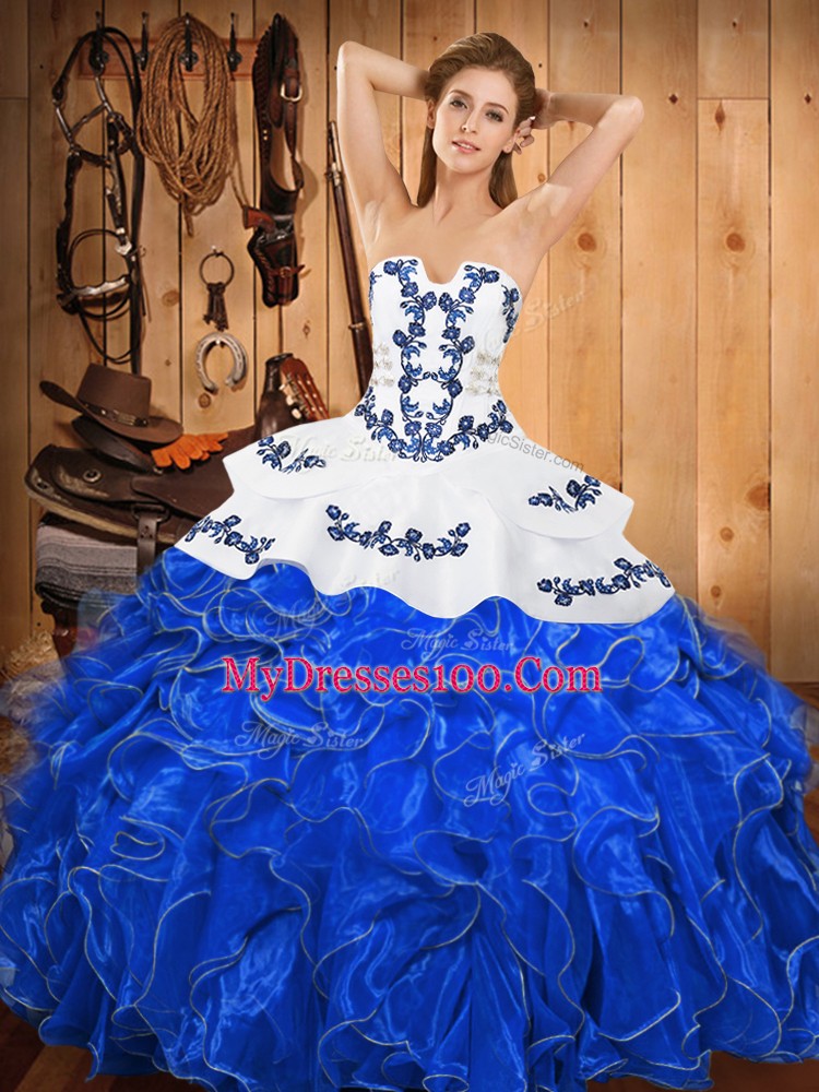 Satin and Organza Sleeveless Floor Length Quinceanera Dresses and Embroidery and Ruffles