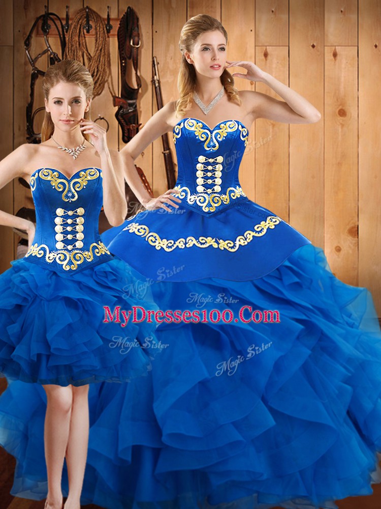 Designer Sleeveless Floor Length Embroidery and Ruffles Lace Up Quince Ball Gowns with Blue