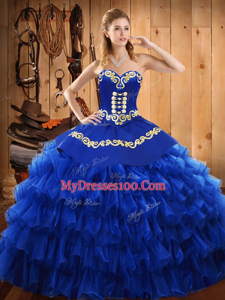 Ball Gowns Quinceanera Gowns Blue Sweetheart Satin and Organza Sleeveless Floor Length Lace Up