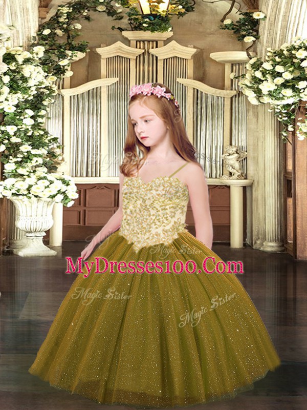 Low Price Sleeveless Tulle Floor Length Lace Up Pageant Dress for Teens in Brown with Appliques