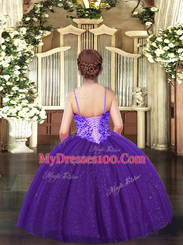 Low Price Sleeveless Tulle Floor Length Lace Up Pageant Dress for Teens in Brown with Appliques