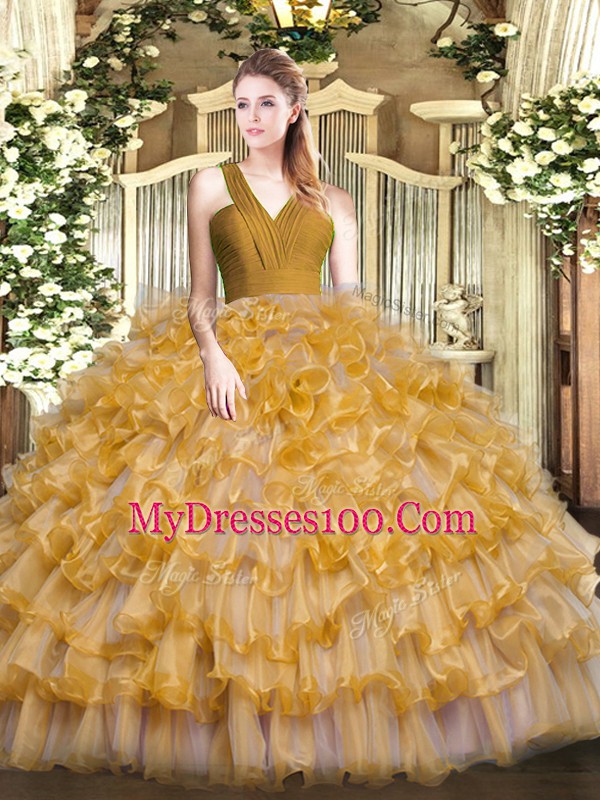 Fancy V-neck Sleeveless 15 Quinceanera Dress Floor Length Ruffled Layers Brown Organza