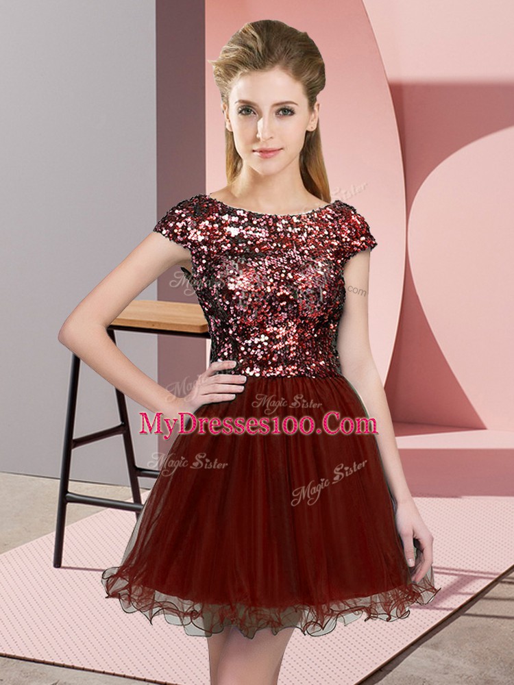 Noble Wine Red Zipper Bridesmaid Gown Sequins Cap Sleeves Mini Length
