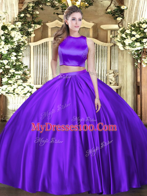 Traditional High-neck Sleeveless 15th Birthday Dress Floor Length Ruching Eggplant Purple Tulle