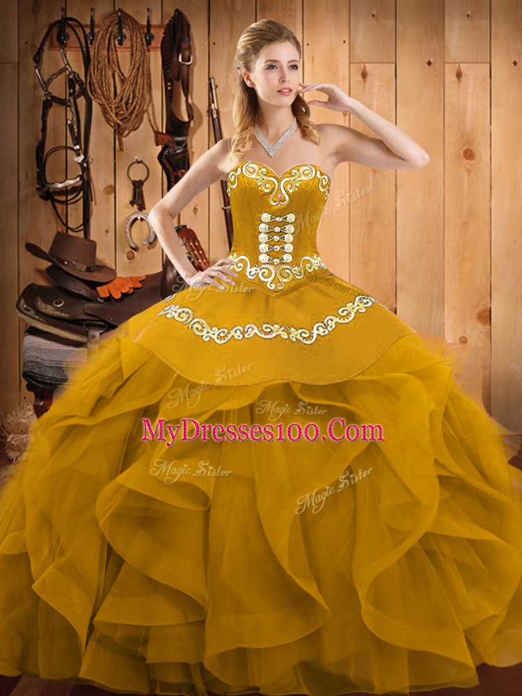 Captivating Gold Sweetheart Neckline Embroidery and Ruffles Quinceanera Dresses Sleeveless Lace Up