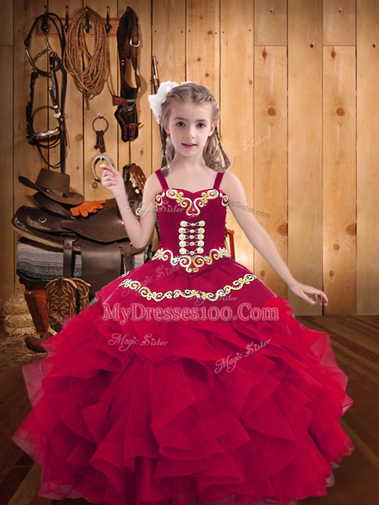 Sleeveless Floor Length Embroidery and Ruffles Lace Up Little Girls Pageant Dress with Red