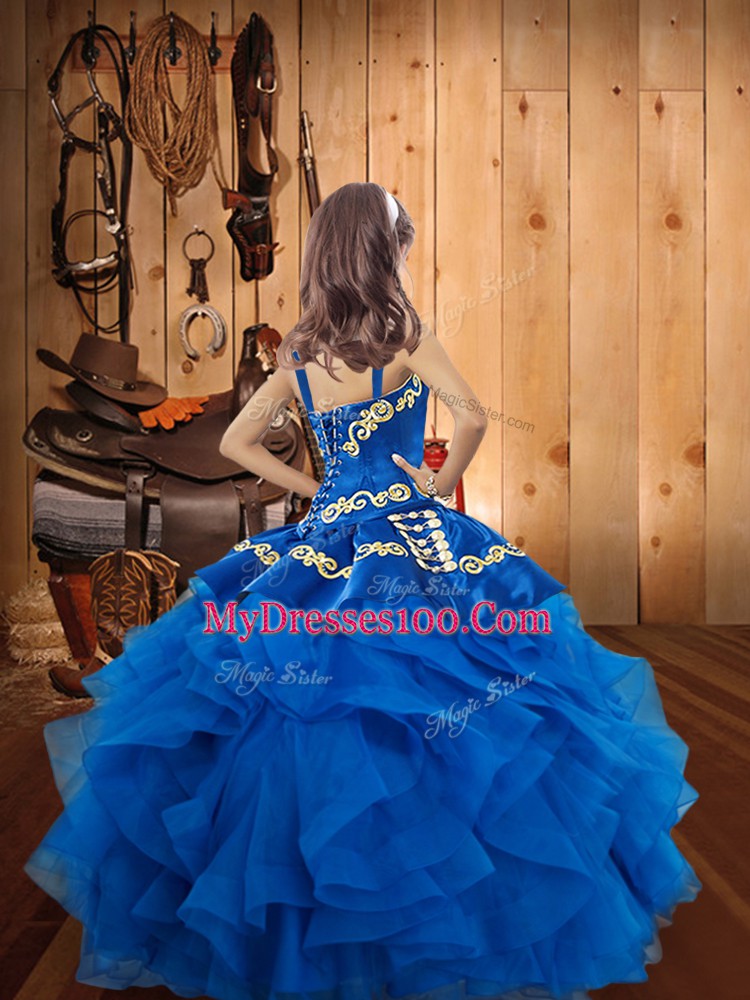 Sleeveless Floor Length Embroidery and Ruffles Lace Up Little Girls Pageant Dress with Red