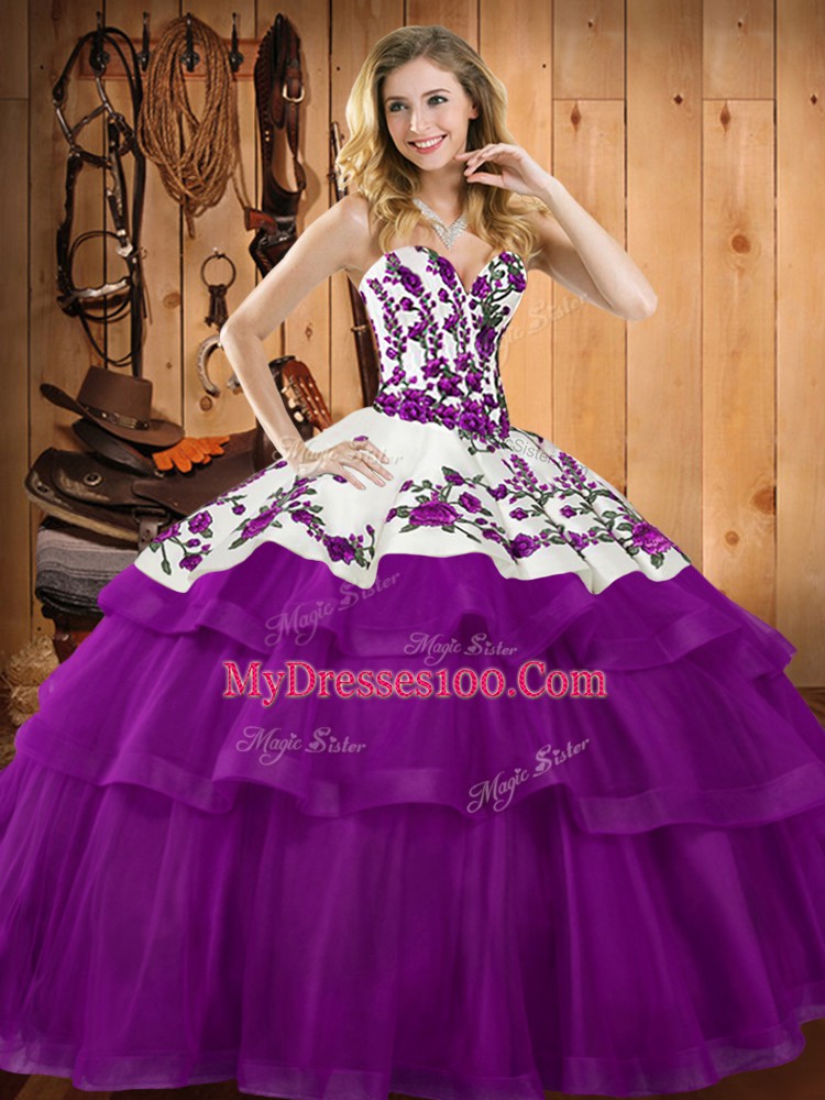 New Arrival Sleeveless Lace Up Floor Length Embroidery and Ruffles Sweet 16 Dresses