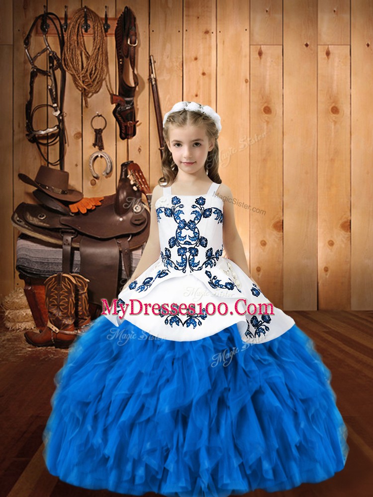 Blue Organza Lace Up Pageant Dress Sleeveless Floor Length Embroidery and Ruffles