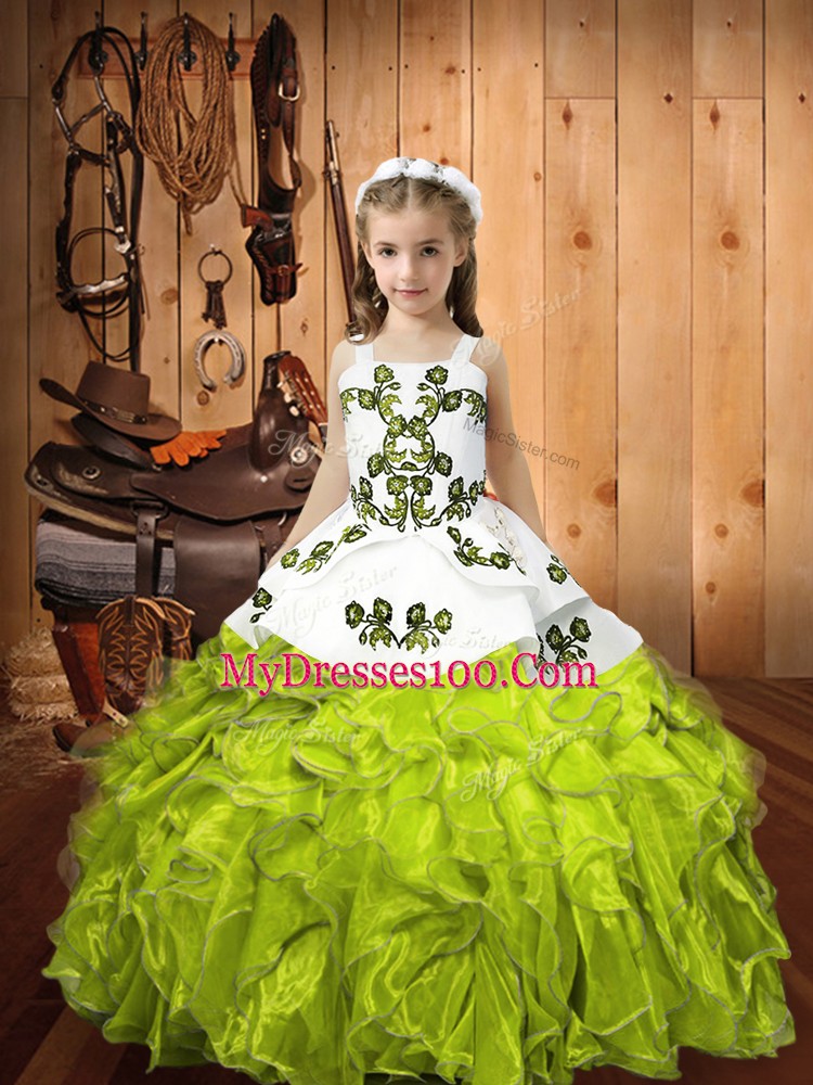 Simple Embroidery and Ruffles Little Girls Pageant Dress Yellow Green Lace Up Sleeveless Floor Length