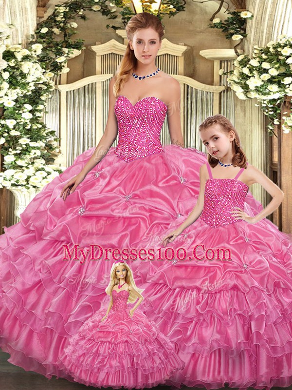 Floor Length Lace Up 15th Birthday Dress Rose Pink for Military Ball and Sweet 16 and Quinceanera with Beading and Ruffled Layers