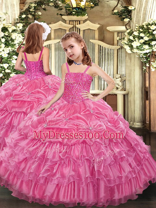 Floor Length Lace Up 15th Birthday Dress Rose Pink for Military Ball and Sweet 16 and Quinceanera with Beading and Ruffled Layers