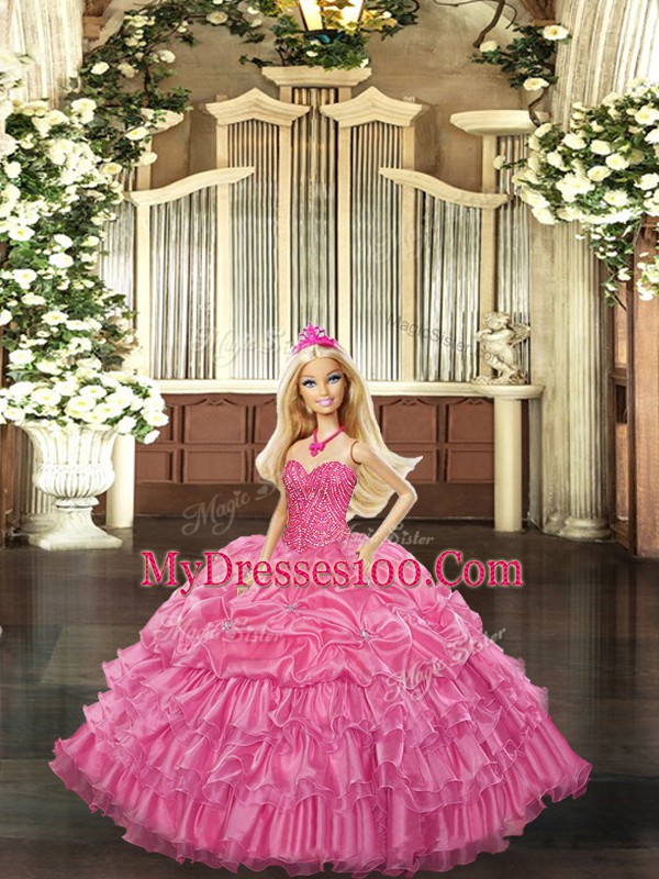 Floor Length Lace Up 15th Birthday Dress Rose Pink for Military Ball and Sweet 16 and Quinceanera with Beading and Ruffled Layers
