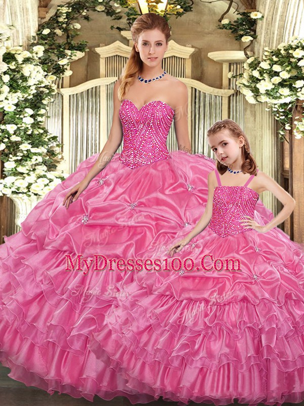 Floor Length Lace Up 15th Birthday Dress Rose Pink for Military Ball and Sweet 16 and Quinceanera with Beading and Ruffled Layers