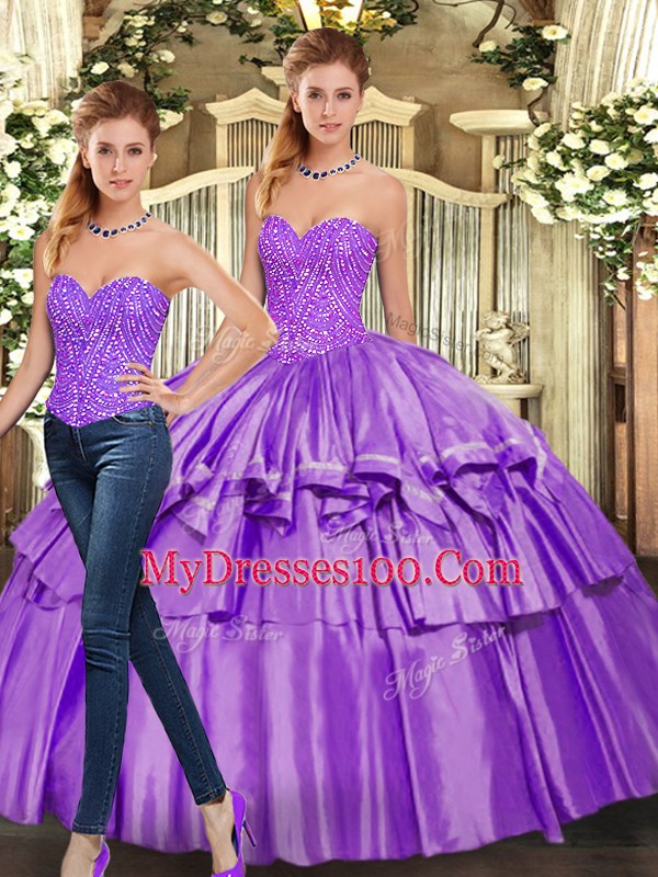 On Sale Eggplant Purple Two Pieces Organza Sweetheart Sleeveless Beading and Ruffled Layers Floor Length Lace Up 15 Quinceanera Dress