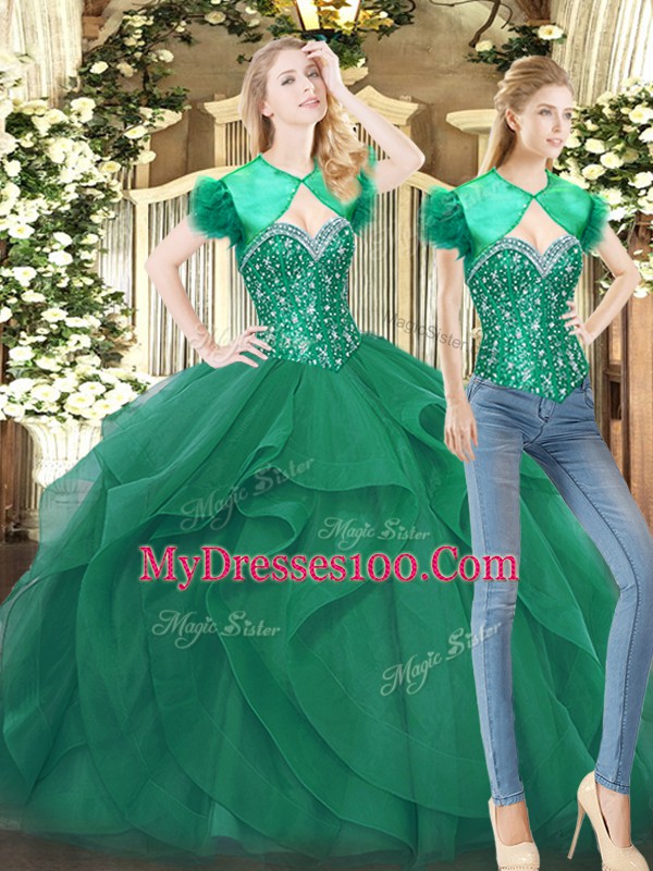 Clearance Dark Green Sleeveless Beading and Ruffles Floor Length Quinceanera Dresses