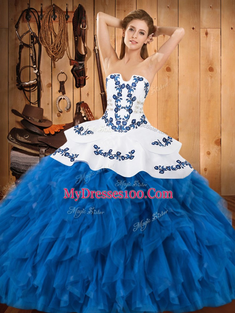 Sophisticated Blue And White Strapless Lace Up Embroidery and Ruffles Quinceanera Gown Sleeveless