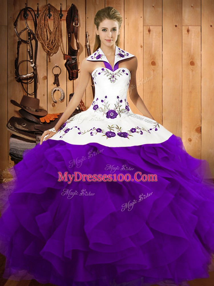 Artistic Purple Sleeveless Embroidery and Ruffles Floor Length Sweet 16 Dresses