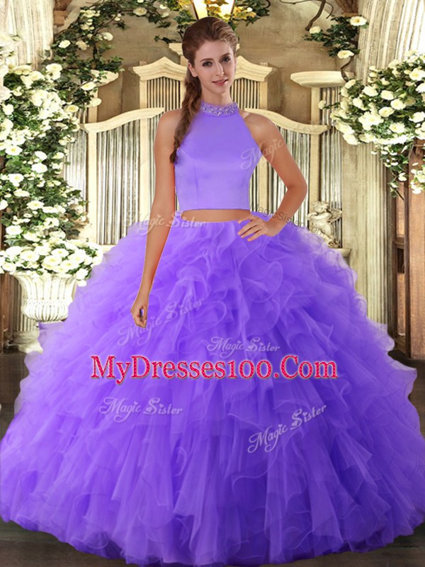Elegant Floor Length Lavender Vestidos de Quinceanera Halter Top Sleeveless Backless