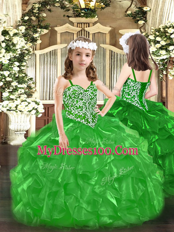 Straps Sleeveless Pageant Gowns For Girls Floor Length Beading and Ruffles Green Organza