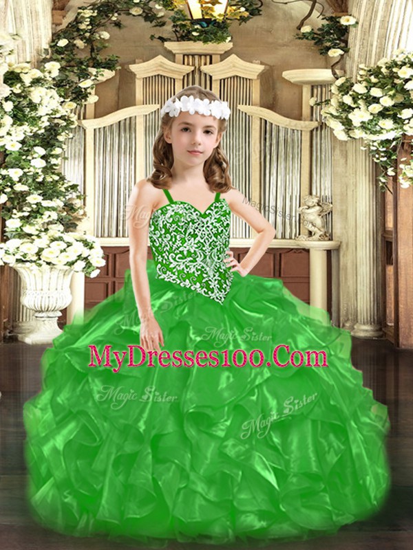Straps Sleeveless Pageant Gowns For Girls Floor Length Beading and Ruffles Green Organza