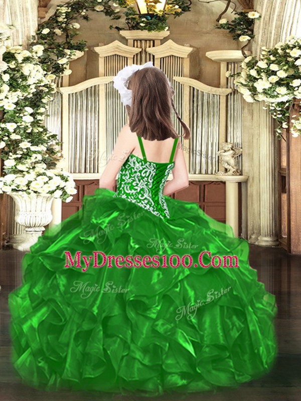 Straps Sleeveless Pageant Gowns For Girls Floor Length Beading and Ruffles Green Organza