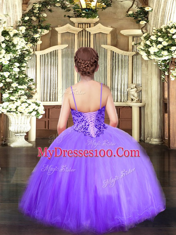 Dazzling Sleeveless Floor Length Appliques Lace Up Kids Pageant Dress with Lavender