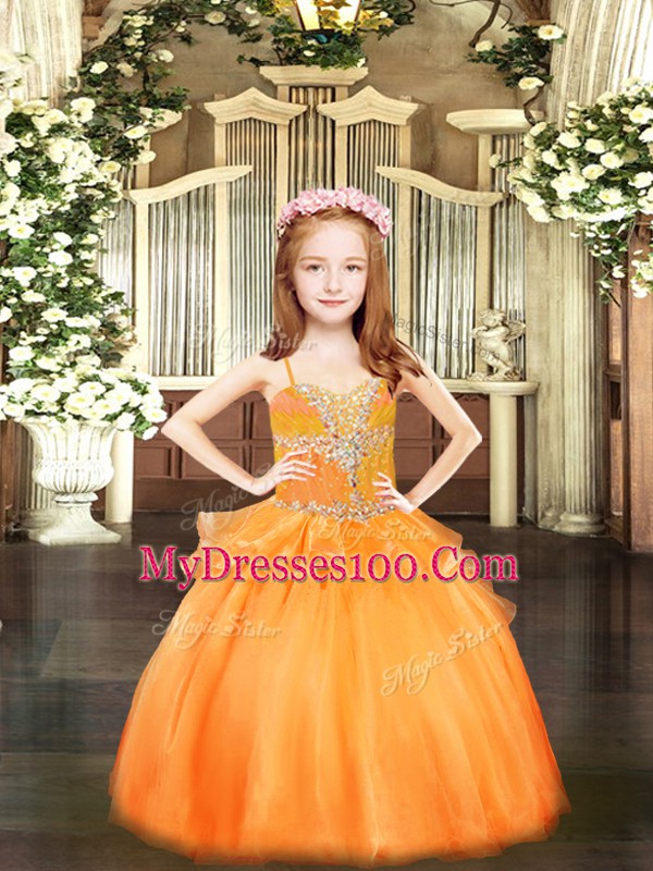 Orange Ball Gowns Spaghetti Straps Sleeveless Organza Floor Length Lace Up Beading Winning Pageant Gowns
