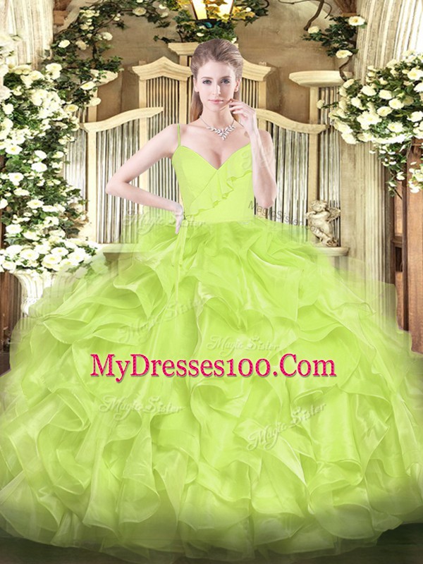 Traditional Spaghetti Straps Sleeveless Quince Ball Gowns Floor Length Ruffles Yellow Green Organza