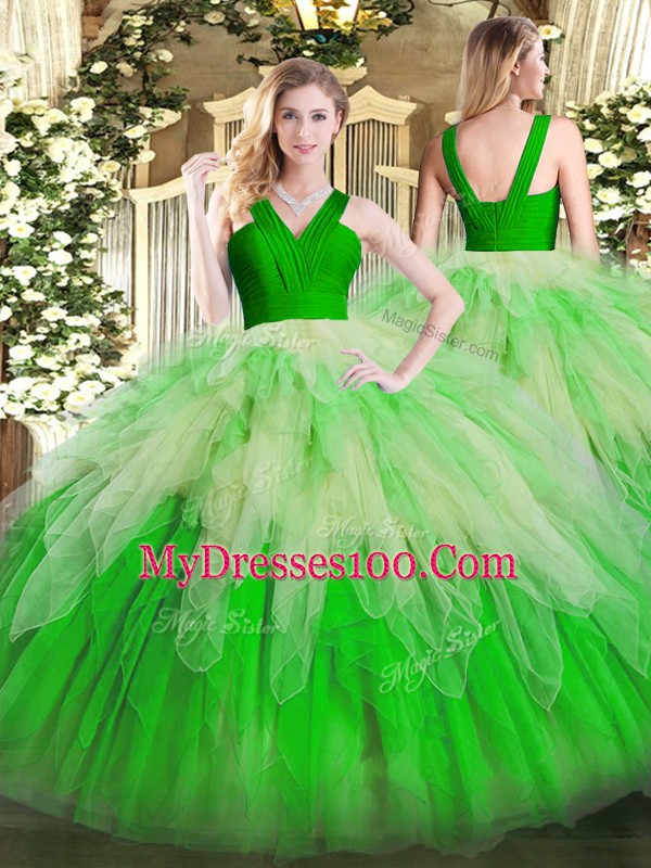 Fancy Floor Length Zipper Sweet 16 Quinceanera Dress Multi-color for Military Ball and Sweet 16 and Quinceanera with Ruffles