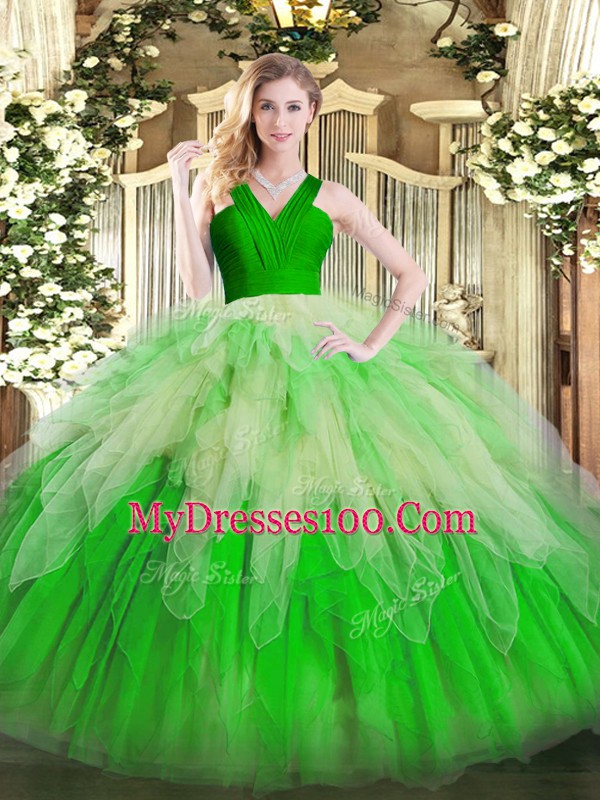 Fancy Floor Length Zipper Sweet 16 Quinceanera Dress Multi-color for Military Ball and Sweet 16 and Quinceanera with Ruffles