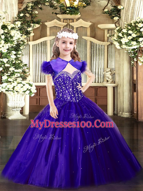 Sleeveless Tulle Floor Length Lace Up Winning Pageant Gowns in Purple with Beading