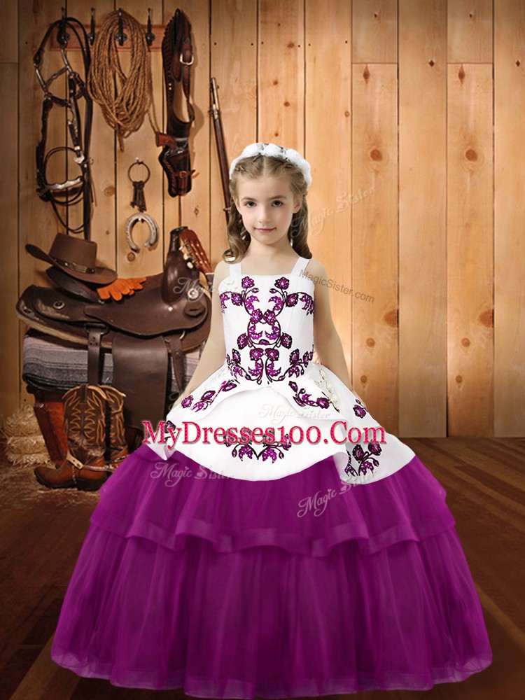 Gorgeous Purple Straps Neckline Embroidery Pageant Gowns For Girls Sleeveless Lace Up