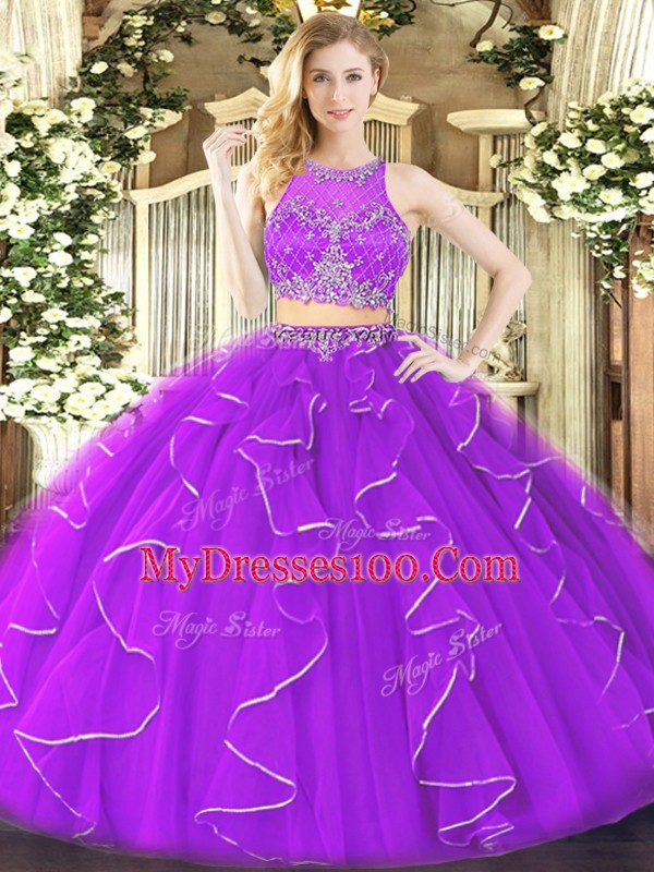 Artistic Purple Organza Zipper 15th Birthday Dress Sleeveless Floor Length Ruffles