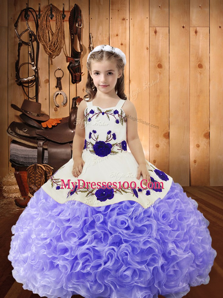 Exquisite Sleeveless Fabric With Rolling Flowers Floor Length Lace Up High School Pageant Dress in Lavender with Embroidery and Ruffles