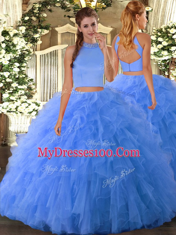 Baby Blue Sleeveless Beading and Ruffles Floor Length Sweet 16 Dresses