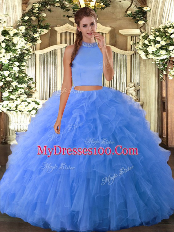 Baby Blue Sleeveless Beading and Ruffles Floor Length Sweet 16 Dresses