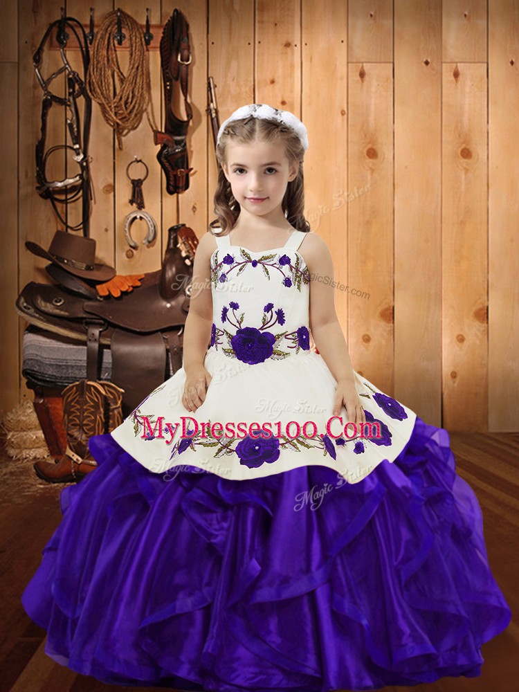 Best Sleeveless Organza Floor Length Lace Up Girls Pageant Dresses in Purple with Embroidery and Ruffles