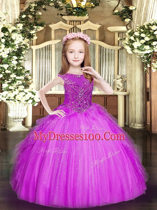 Best Scoop Sleeveless Tulle Little Girls Pageant Dress Wholesale Beading and Ruffles Zipper