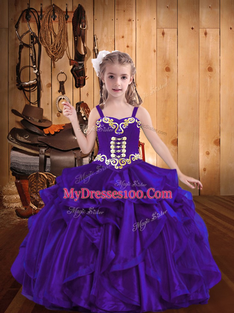 Cheap Purple Lace Up Straps Embroidery and Ruffles Little Girls Pageant Gowns Organza Sleeveless