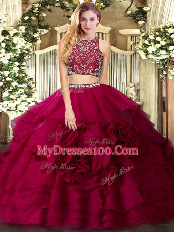 High Quality Sleeveless Tulle Floor Length Zipper Ball Gown Prom Dress in Fuchsia with Beading and Ruffled Layers