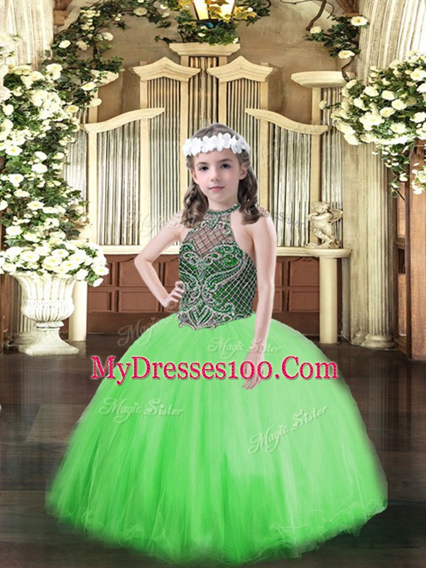 Nice Sleeveless Floor Length Beading Lace Up Child Pageant Dress with Green