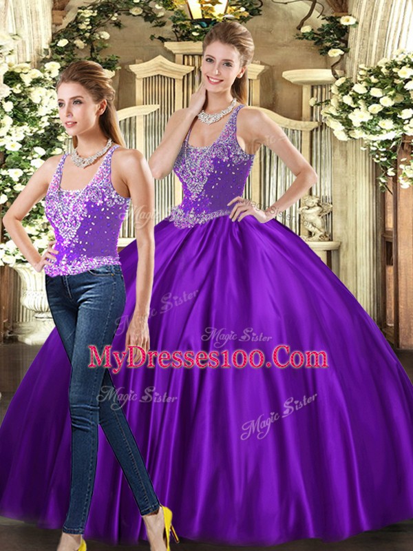 Free and Easy Tulle Straps Sleeveless Lace Up Beading Ball Gown Prom Dress in Purple