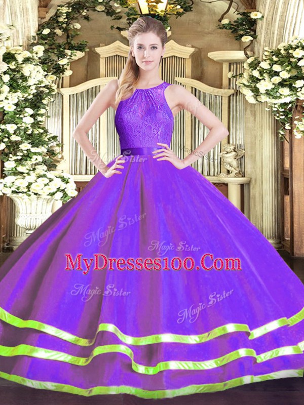 Floor Length Zipper Quinceanera Dresses Eggplant Purple for Military Ball and Sweet 16 and Quinceanera with Lace