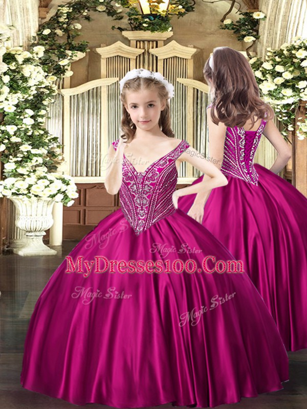 Classical Fuchsia Ball Gowns Satin V-neck Sleeveless Beading Floor Length Lace Up Kids Pageant Dress