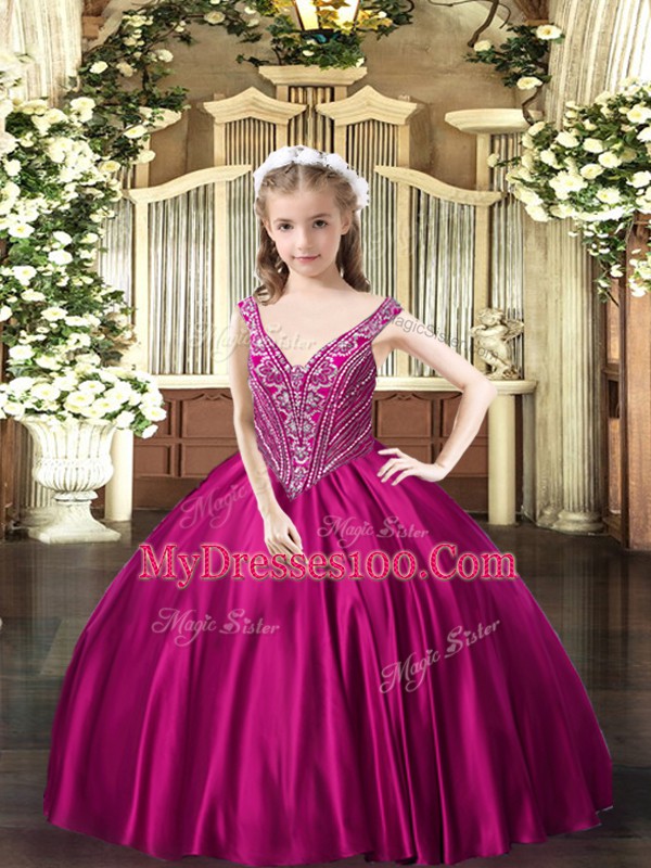Classical Fuchsia Ball Gowns Satin V-neck Sleeveless Beading Floor Length Lace Up Kids Pageant Dress