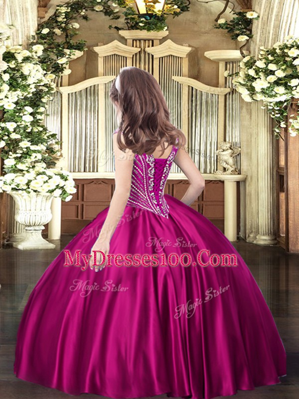 Classical Fuchsia Ball Gowns Satin V-neck Sleeveless Beading Floor Length Lace Up Kids Pageant Dress