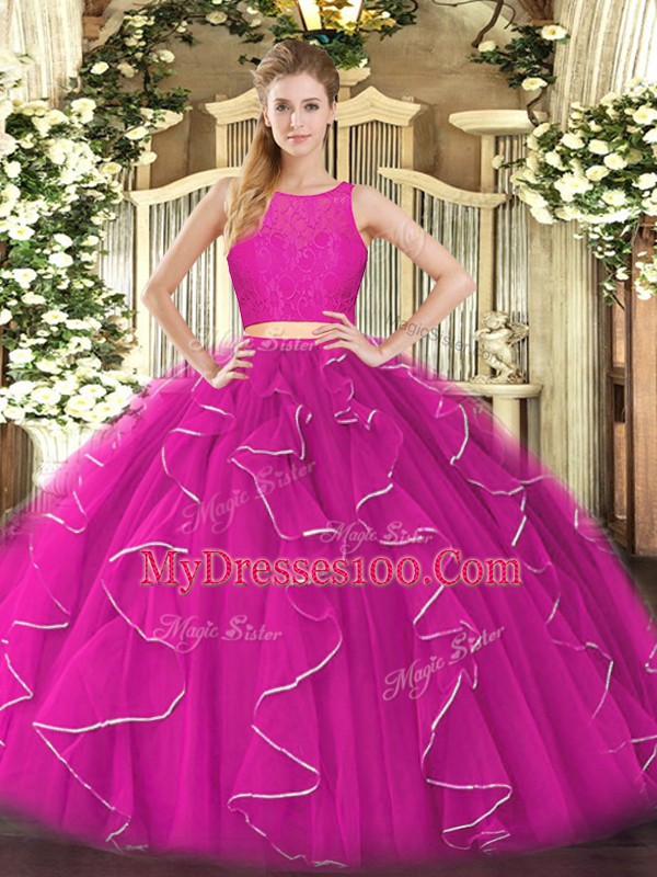 Fuchsia Ball Gowns Scoop Sleeveless Organza Floor Length Zipper Lace and Ruffles Quinceanera Gown