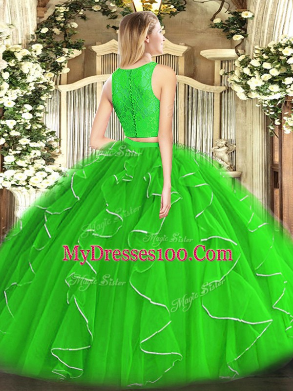 Fuchsia Ball Gowns Scoop Sleeveless Organza Floor Length Zipper Lace and Ruffles Quinceanera Gown
